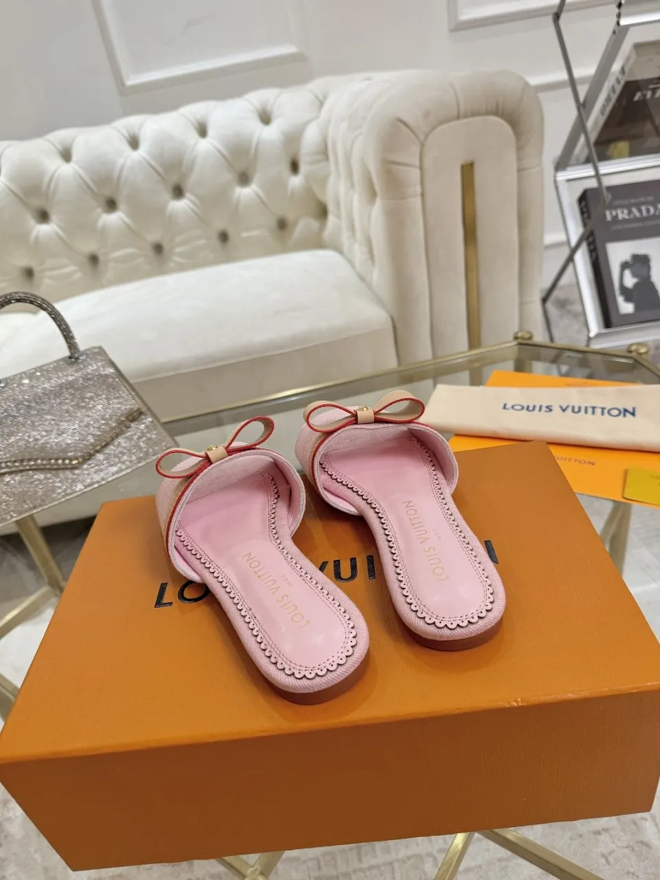 👟👟Ex-factory price 340👟👟 Genuine leather sole +40 Lv denim jacquard slippers, ex-factory price 70-43 Leather sole +40